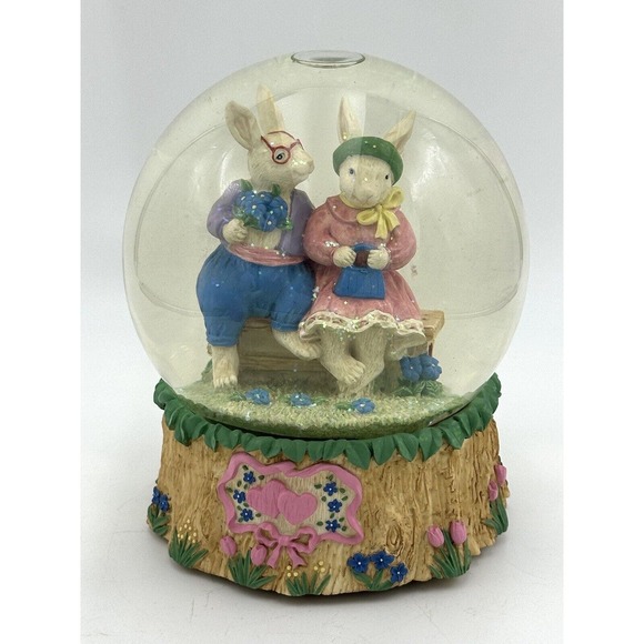 Vtg Easter Musical Snowglobe Mr & Mrs Rabbit Bunny Love Works Hand Painted VIDEO - Picture 2 of 12